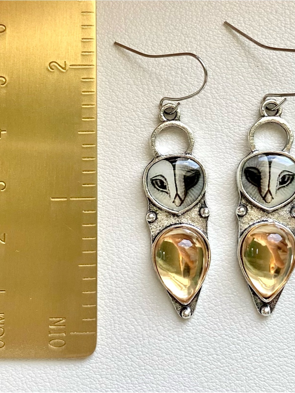 Owl Drop Earrings with Amber Teardrop Gem - Picture 2 of 2